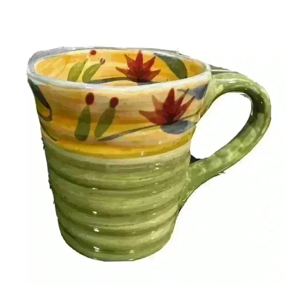 Pier 1 Elizabeth Mug Green 16 Oz 4.5” Floral Stoneware Handpainted Coffee Tea